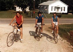 Teresa Kramer Parod, left, Kelly Poulis, right, and another rider reach a BAMMI 1985 rest stop.